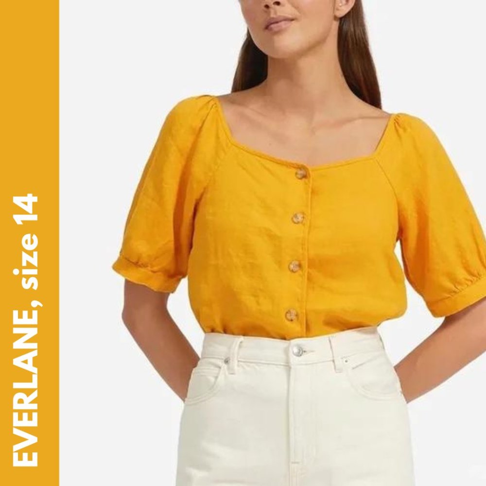 Everlane Puff Sleeve Marigold Square Neck Linen Buttondown Blouse Top
